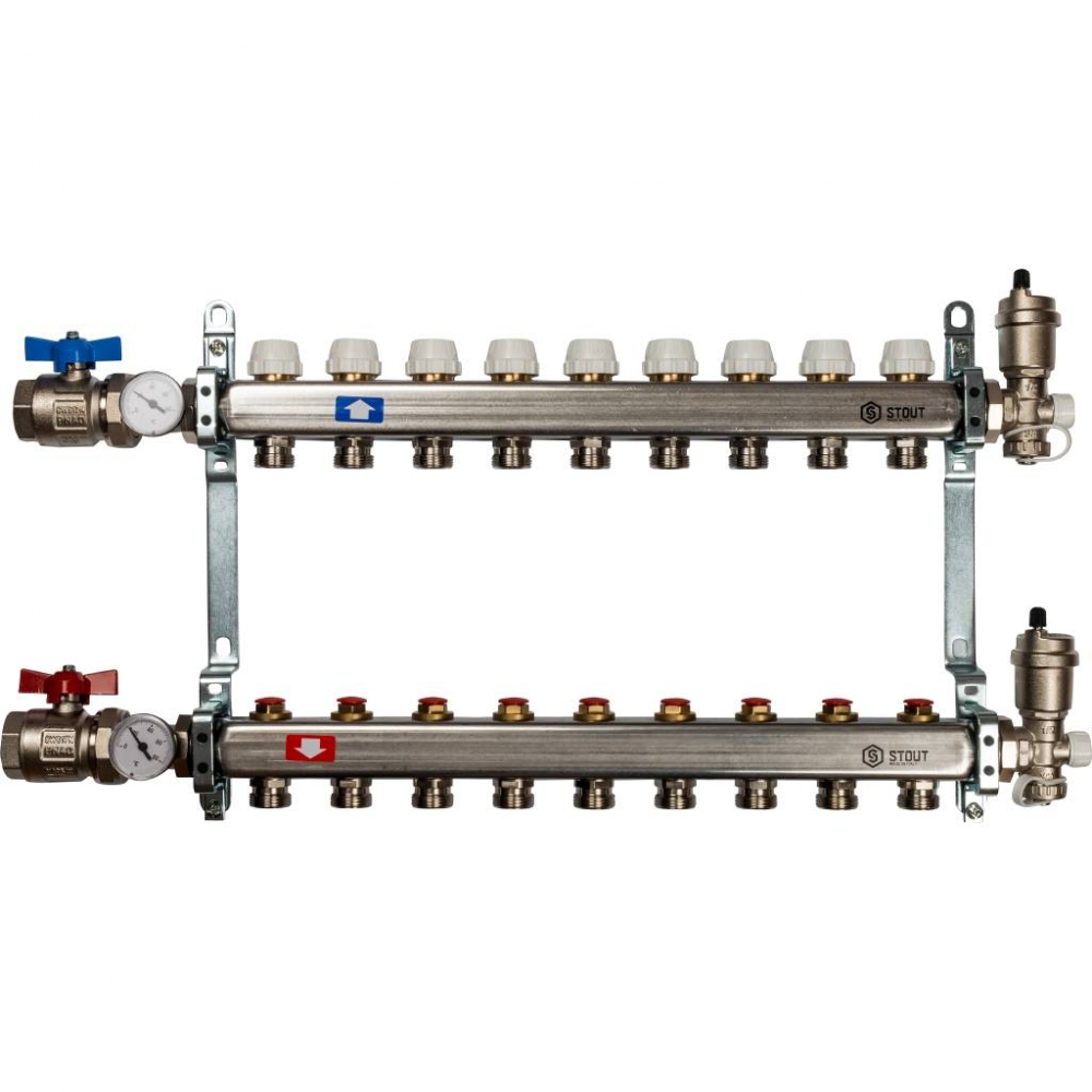 Коллектор из нерж. стали для систем напольного и радиат. отопления с вентилями на 9выходов STOUT /1/